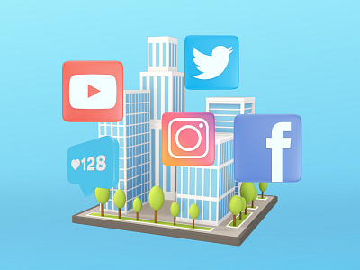 3D Social Media City 3d buildings business city facebook icons instagram social media twitter youtube