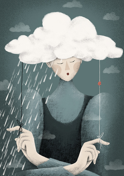 Moody Mandy april artistic expression artwork blue cloud cloudy corporate memphis style decision decision making female artist flower happy or sad illustration metaphor moody rain rainy days what now woman illustrator yes or no