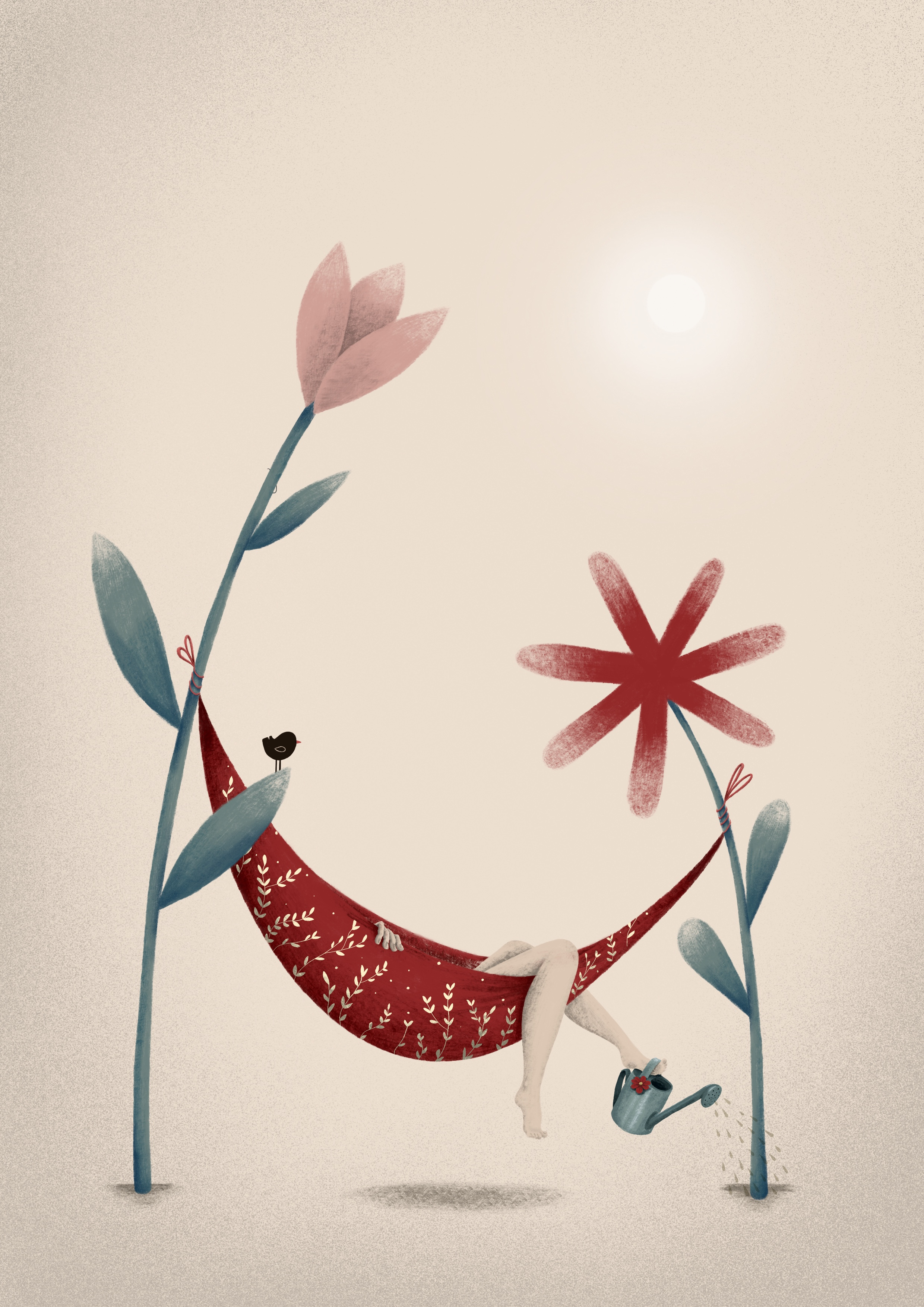 I'll use the tears to water the flowers bird chill femeale artist flowers girl hammock healing process illustrated artwork illustration me time metaphore illustration procreate red and green relax spring spring illustration sunny time off water the flowers watering flowers