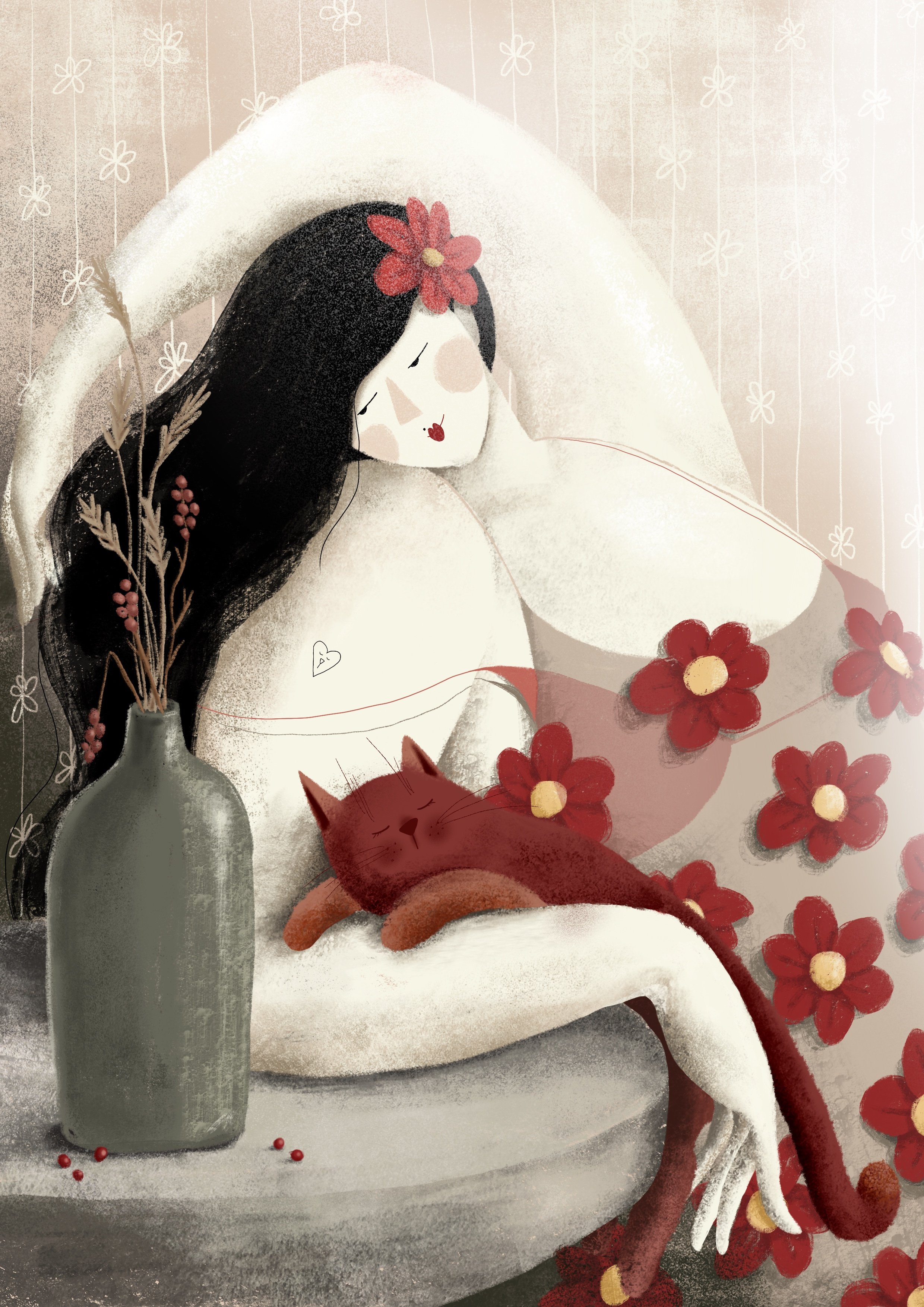 Rita is having a blast big girl black hair cat cat person chilling corporate memphis style dress with flowers flowers girl hot illustration love cats me and my cat me time pastel colors soft colors spring summer time off vase with dry flowers