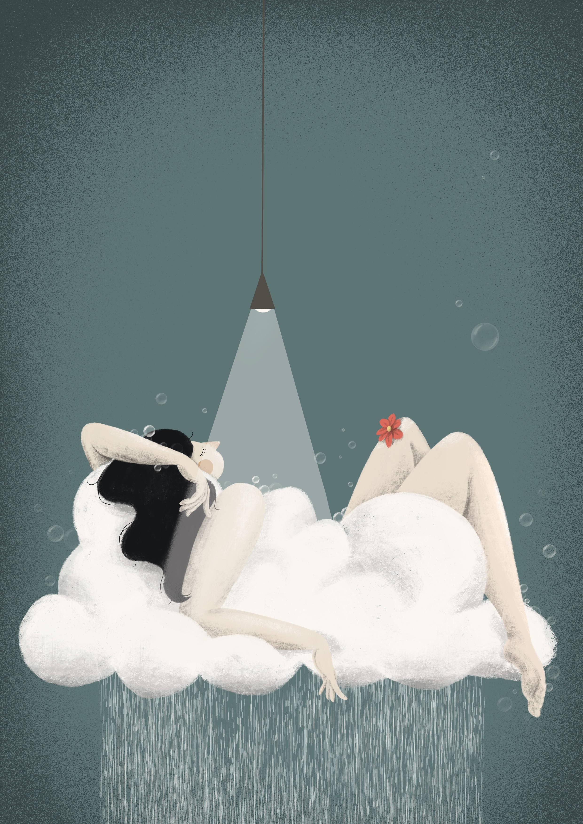 Recharge Marghe bathe in light blue bubbles chill cloud corporate memphis style female illustration flower girl light light therapy long black hair me time rain relax self love shower time for myself time off time out