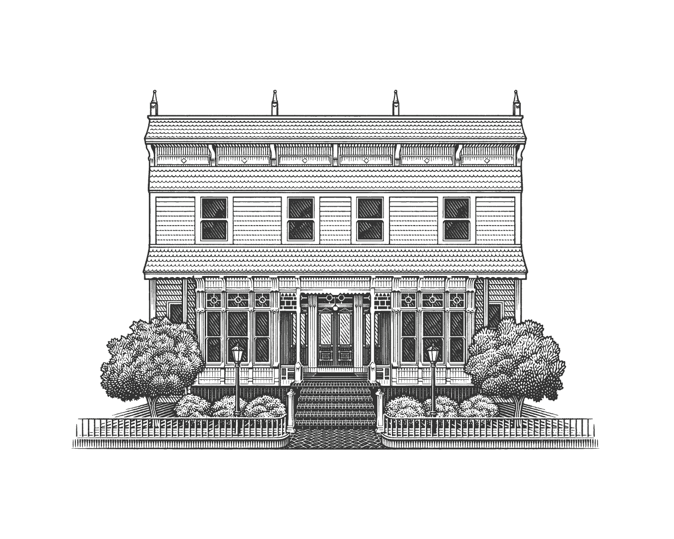 Garden Street Inn architectural architecture black and white building engraving hospitality hotel illustration line art line work scraperboard scratchboard wood engraving woodcut