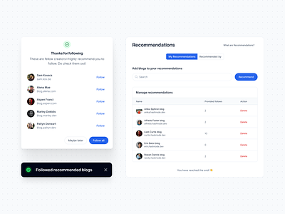 Recommendations in Hashnode app branding clean design dark mode design follow author follow modals graphic design hashnode illustration logo modal design modal followers modals multiple follow modal product design recommendations ui ux