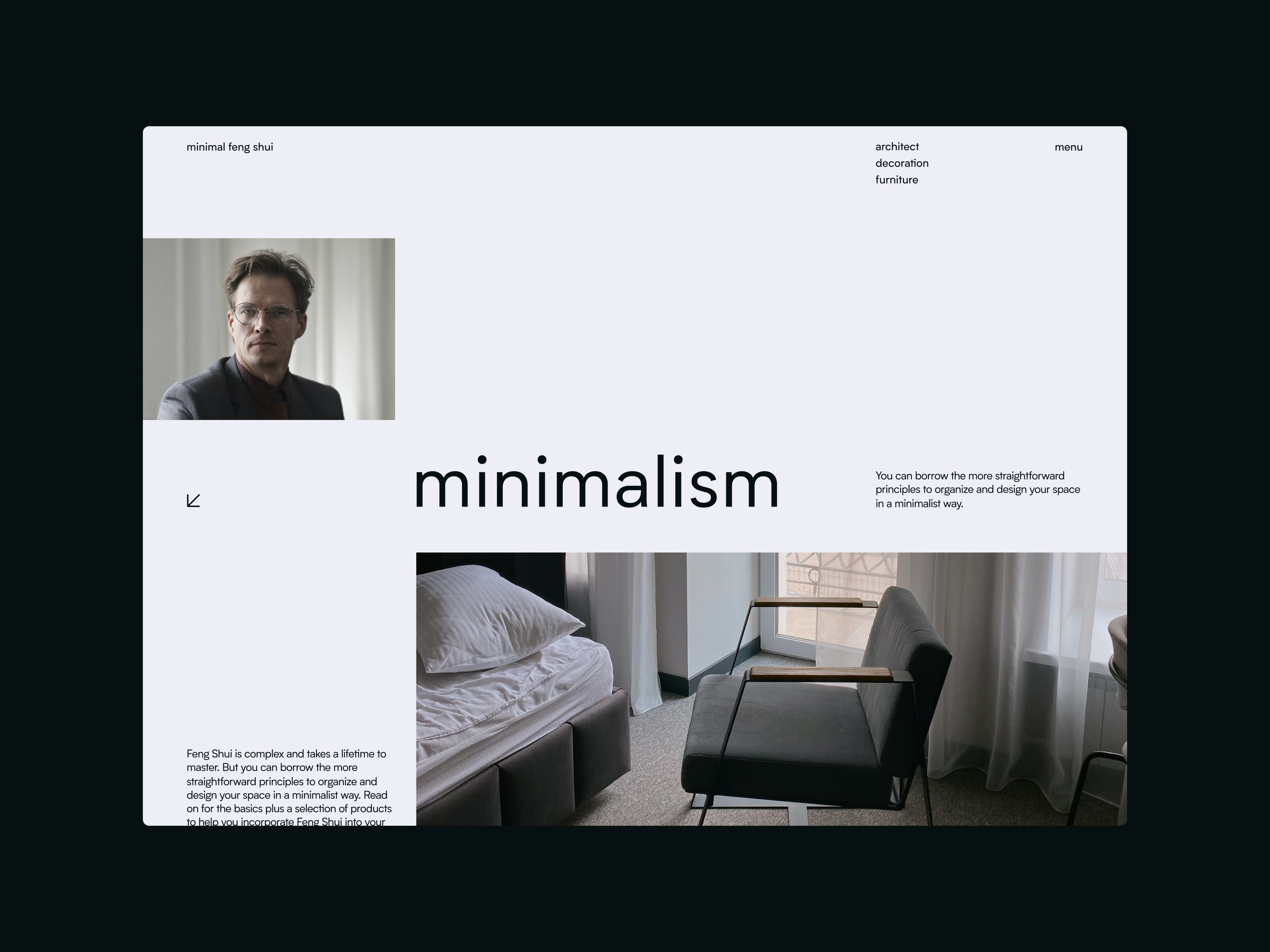 Minimal Feng shui Landing architect architecture classic design echo echo design echodesign fengshui ferniture landing landing design light minimal minimalism portrait uidesign web landing webdesign website design white space