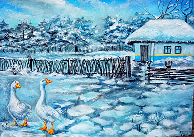 Real Ukrainian winter: Country house, snow and geese, original art gees hand painted handmade original painting paint painting ukraine
