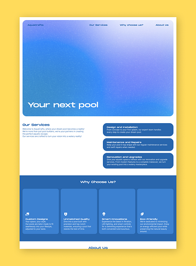 Landing Page for a Pool Company about us blue dailyui gradient landing mesh monochrome page pool services single ui water why choose us