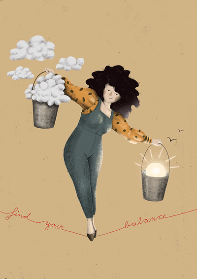 Balance always look on the bright side artistic moods artwork balance black hair clouds empower me female artist find balance girl illustration metaphore positive message rope soft colors stay positive sun tightrope tightrope walking walking on a string