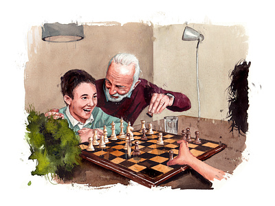 Family evening aquarelle art chess child face game grandfather illustration nature people watercolor watercolour