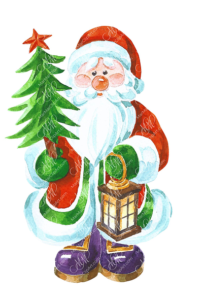 Santa Claus with Christmas tree cheerful santa christmas card christmas character christmas illustration christmas time christmas tree graphic design greeting card illustration instant download labels design new year card packaging design santa claus santa claus illustration santa claus image watercolor illustration