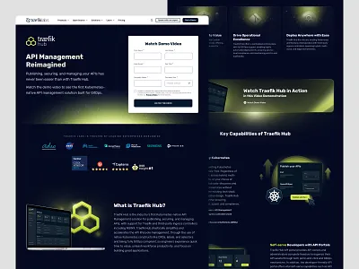 Traefik Hub Marketing Page accolades api cards clients cta dark features form hub illustration logos management markering mode page paid product theme traefik web