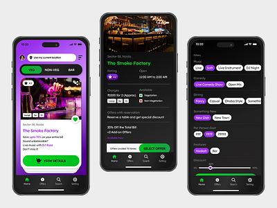 Hangloose App android app bar black cafe card food green hangout ios mobile night life product design purple restaurant ui user experience user interface ux white