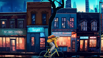 City Streets animation bicycle bike cartoon city city streets cycling cyclist loop neon night reflection street light