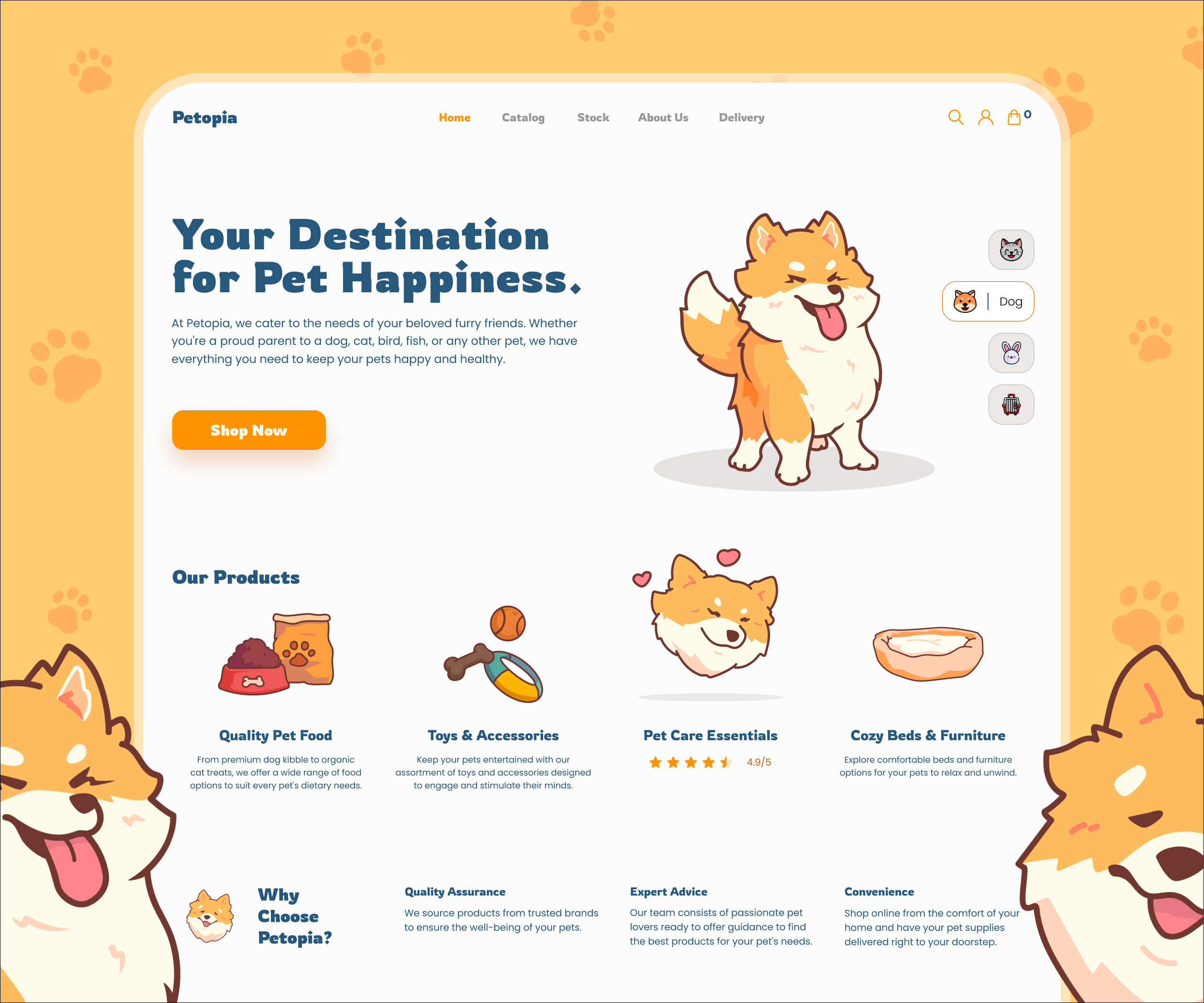 Petopia - Pet Shop Landing Page branding clean dog figma graphic design illustration landing page mascot mascot character orange pet pet store shiba inu ui ui design uiux ux web design website