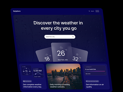 Weather Temperature Landing Page Website app blue cloudy dark mode home page landing page rain sunny temperature ui ui ux weather weather website weather widget web design website widget