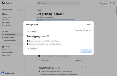 Manage Task Modal For Quillnote analytics clean component dashboard data design design system details figma manage minimalist modal page platform task ui ui design ui kit widget