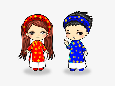 Vietnamese Children aodai character chibi children cute illustration kawaii tet holiday tradditional costume vietnam vietnamese áo dài