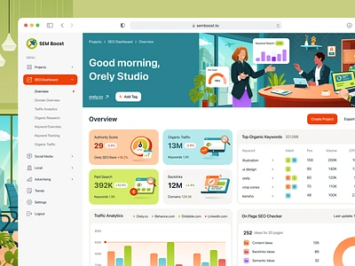 SEM Boost: Keyword Research Tool 🚀 analytics application charts clean dashboard graph icon illustration keyword orely overview report research sem seo sidebar ui design ux design webapp website