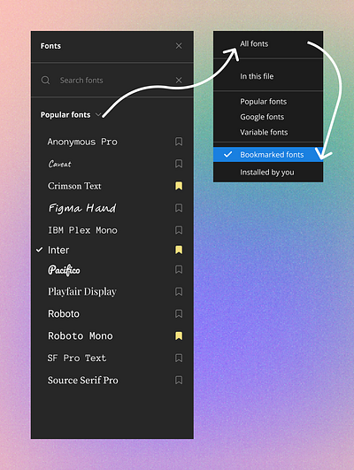 Figma, and it lets bookmark fonts as you browse through the list app design ui