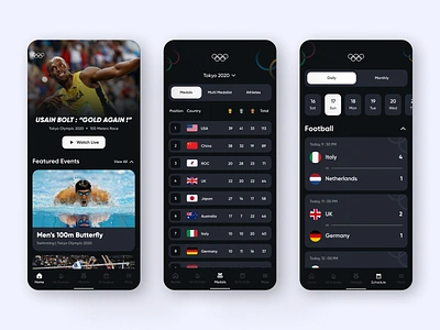 Olympic Sports App app clean dark mode design graphic design live score match play point score card sportingeventsart sports sports app sportsdesign swimming ui userexperience ux