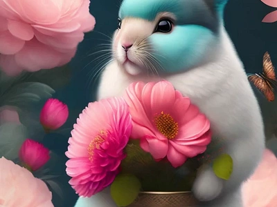 Fluffy Realistic Rabbit with Shabby Chic Teal and Pink Flowers 3d ai animation graphic design metaverse ui virtual web3