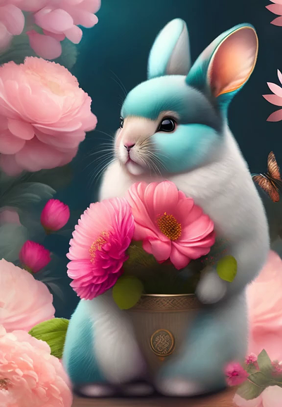 Fluffy Realistic Rabbit with Shabby Chic Teal and Pink Flowers 3d ai animation graphic design metaverse ui virtual web3
