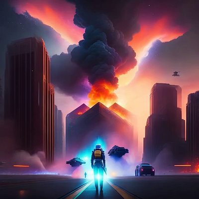 Explosion in a futuristic cityscape 3d ai animation branding cryptoworld design digitlart graphic design illustration logo metaverse metaverseart motion graphics nft nftart nftmarketplace ui web3