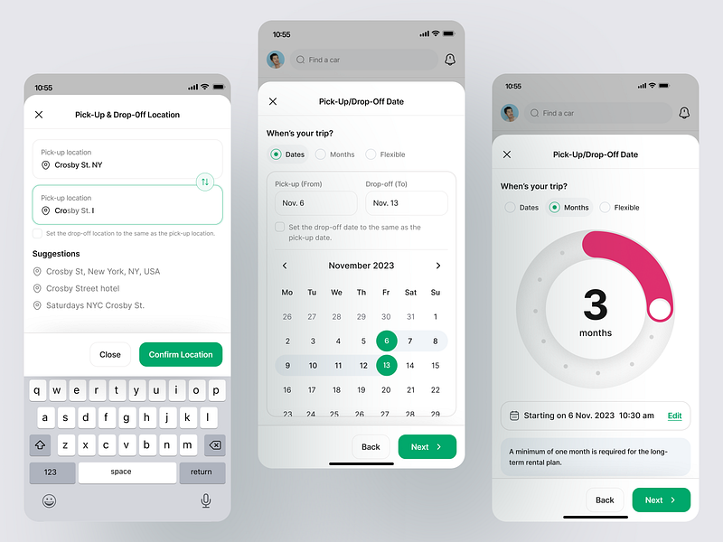 QuickRent - Car rental application app ui application ui automobile calendar car car rental car rental app clean ui date picker minimal app mobile app modal ui modals rental rental app search service transport ui design ux design