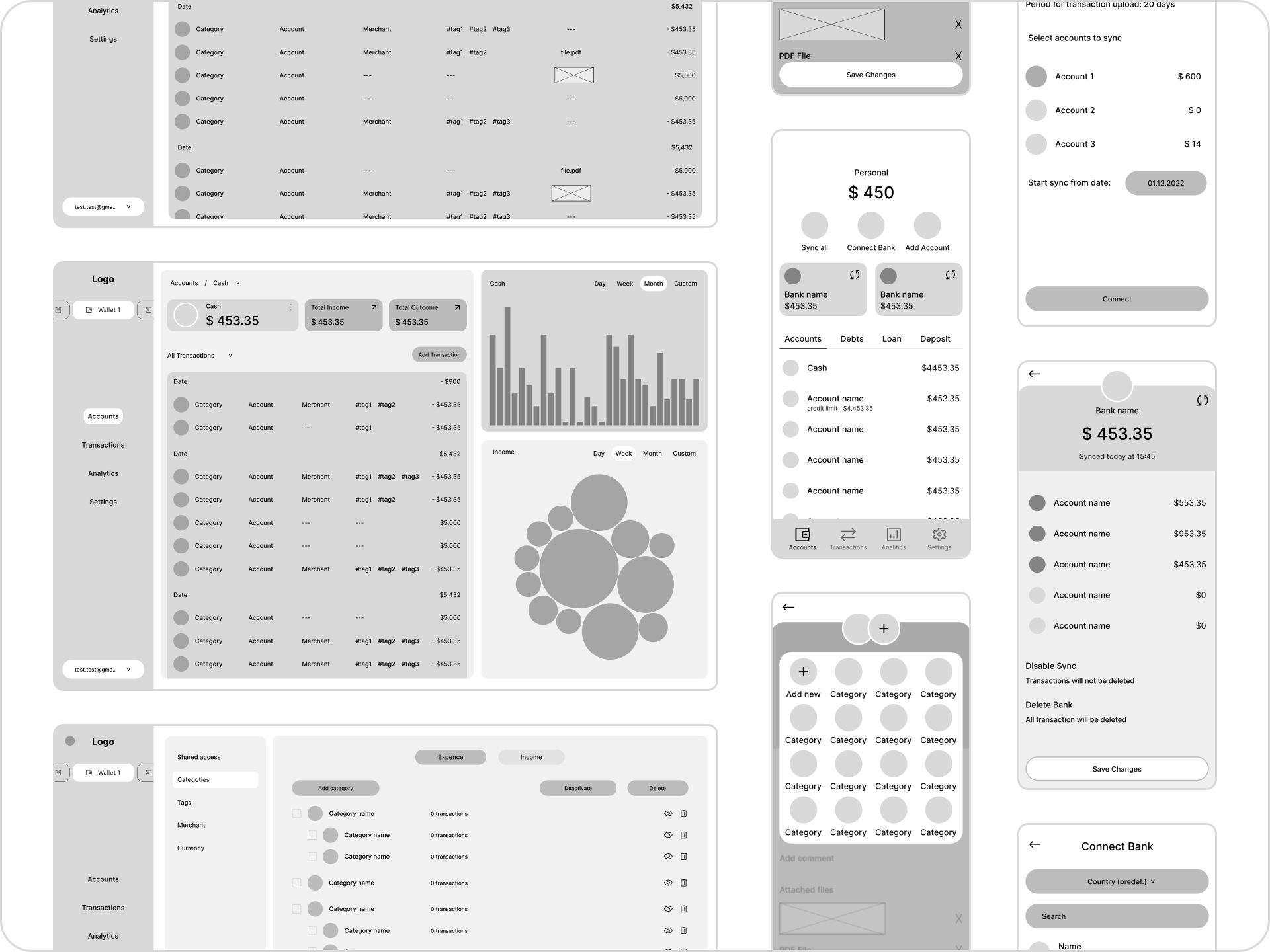 UX design for spendings tracking app analitics app black white dashboard design desktop mobile money spendings tracker ux