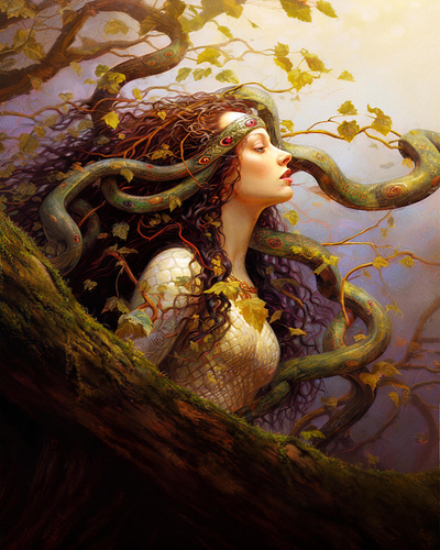 Queen of the Forest, by DVK ai art art beauty closeup details digital dvk fantasy forest leaves painting queen snakes sunlight texture woman