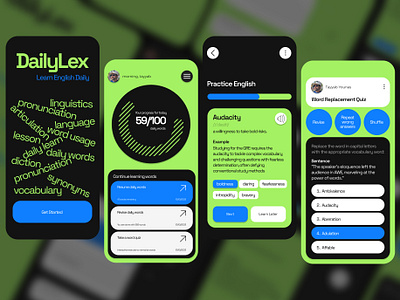 Daily Language Learning UI App Design Concept app design daily language app figma figma app graphic design interaction design interactive design language learning app neon green neon green blue typographic app typography ui ui design ui ux ui ux design user experience user flow design user interface web and ui design