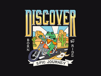 Discover Epic Journey - Apparel apparel badge design badges branding cactus clothing brand desert design frog frog illustration graphic design illustration journey logo merchandise motorcycle retro riding t shirt vintage