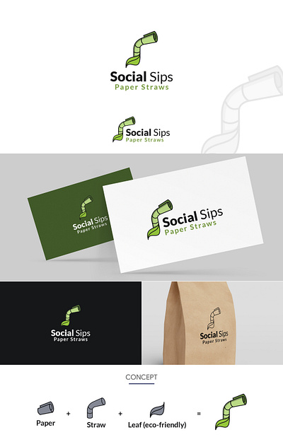 Social Sips Paper Straws - Logo Design ai branding clean eco friendly eco logo green leaf logo leaves logo concept logo design nature paper paper logo recyclable renewable sips social straws