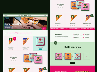 Yough website — Products colorful ecommerce features filters food fun grid hover pizza playful products retro tags tiles type typography web design website