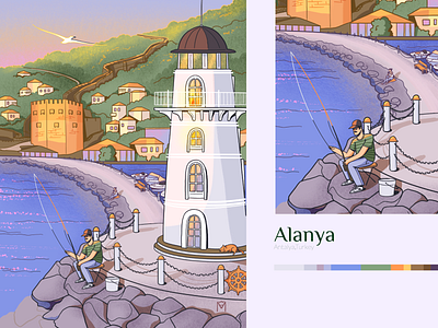 Alanya Lighthouse at Sunrise charachter draw fishing illustr illustration illustrator lighthouse procreate sea town turkey urban