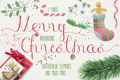 Merry Christmas [2 Fonts]+Free Goods elements font free goods hand drawn happy new year holiday merry christmas new year objects popular vector
