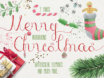 Merry Christmas [2 Fonts]+Free Goods elements font free goods hand drawn happy new year holiday merry christmas new year objects popular vector