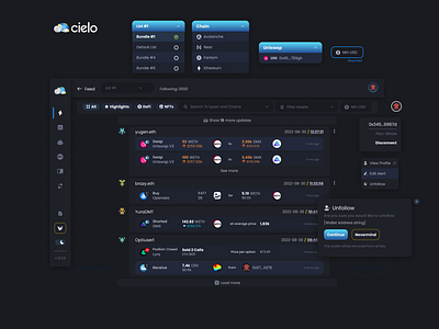 Cielo: CICD Product Design - Feed Page analytics blockchain dashboard defi dropdowns ethereum feed interaction design profiles transactions ui
