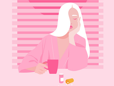 Portrait of a young blond woman alone barbie barbiecore blond depression face fashion blogger flat girl illustration insomnia medication morning pink color stress tired window woman