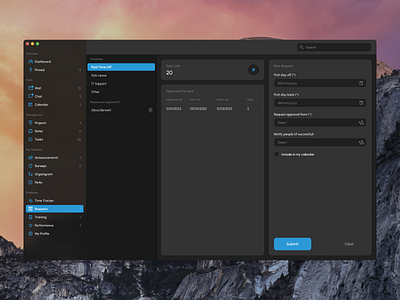 Founder Tools - Requests askings dark theme demands entreaties fonder tools native app petitions pto requests solicitations templates user experience