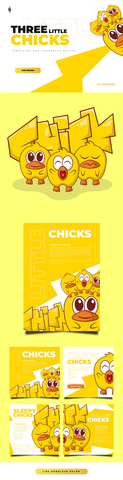 THREE LITTLE CHICKS animal chick chicken cover cute flyer funny kids little rooster socialmedia template templates three yellow