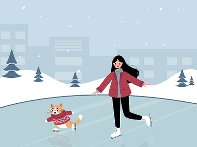 Free Girl Ice Skating with her Cat Illustration cat character design cute illustration december free illustration freebie ice skating illustration snow winter