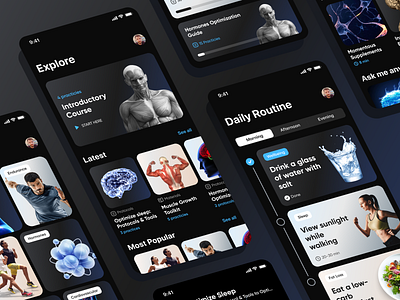 Huberman App – Routine Tracker & Fitness Coaching app clean colorful concept dark mode dashboard design system exercise fitness healthcare interaction mobile app modern tracker training transparent trendy ui ui design ux design