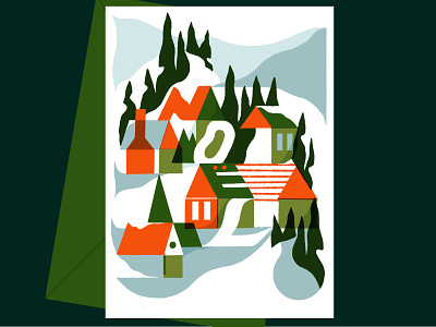Noël christmas flat greeting card handlettering holiday houses houses illustration illustration merry christmas noël snow snowscape trees trees illustration winter