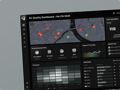 Air Quality Dashboard air quality application aqi city color dark dashboard futuristic graphic design illustration intuitive minimalism pollution ui us user interface ux vector weather web design