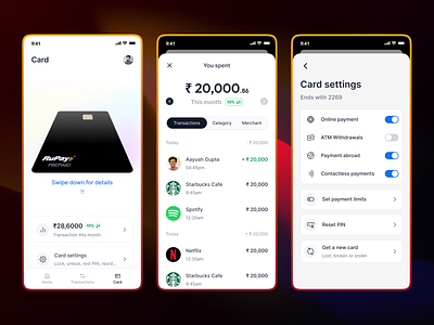 Manage card bank card credit card finance manage card payment tracking settings spend limit ui ux