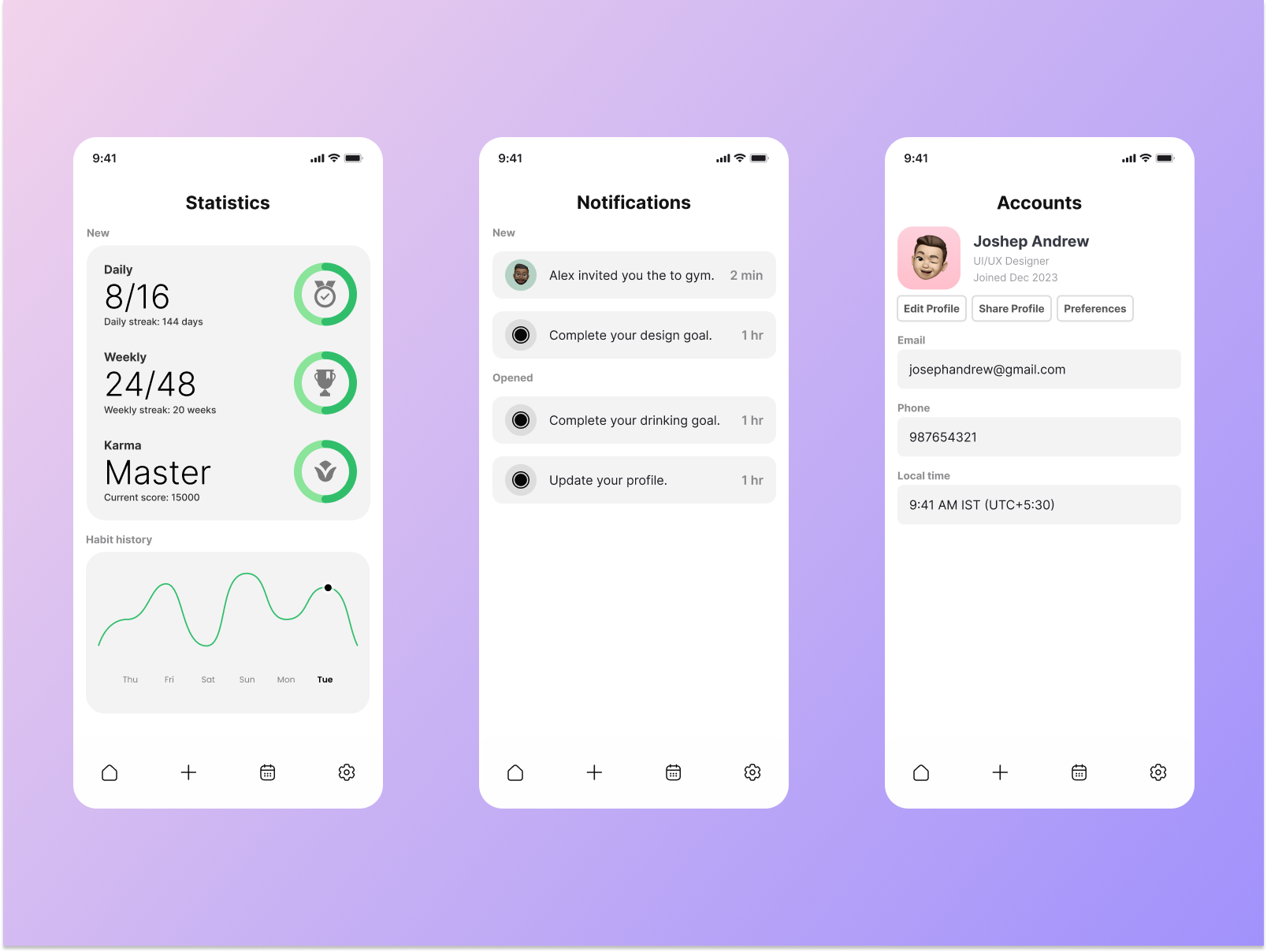 Habit Building App UI by Adarsh Mohan K S on Dribbble