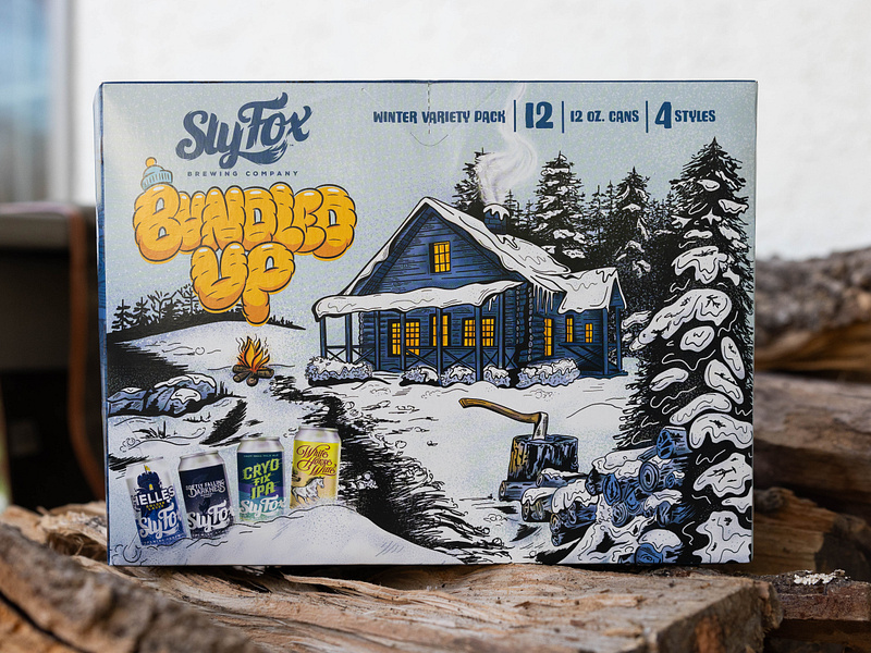 Bundled Up Beer Packaging Design beer beverage branding cabin can cold design graphic design hoot design studio illustration label layout outdoors packaging snow winter woods