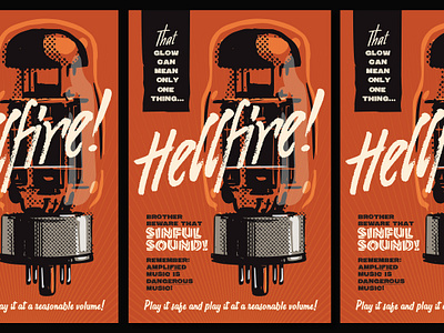 Hellfire & that sinful sound poster 1950s amplifier audiophile graphic art hi fi illustration moody music poster scary typography vintage audio