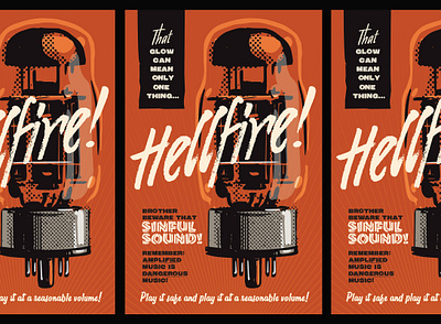 Hellfire & that sinful sound poster 1950s amplifier audiophile graphic art hi fi illustration moody music poster scary typography vintage audio