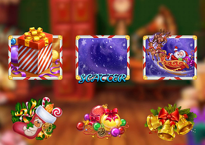 Christmas themed symbols animation - Slot game "Santa's Wonders" animation characters characters animation christmas christmas animation christmas design christmas slot christmas symbols christmas themed digital art gambling game art game design graphic design motion graphics slot animation slot design